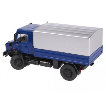 MB Unimog U 5000 bleu avec plateau bâché