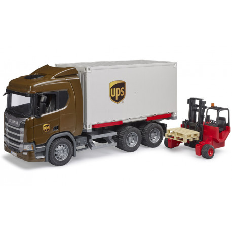 Camion logistique UPS Scania Super 560R avec chariot élévateur d’appoint - Bruder 03582