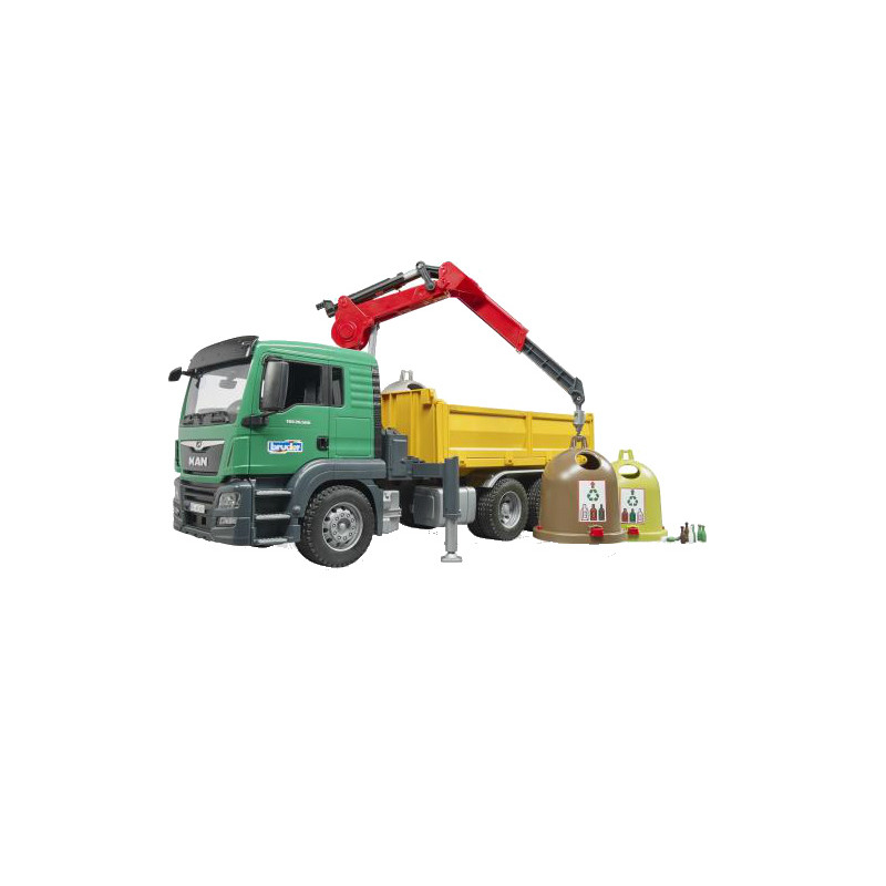 Camion man tgs de transport avec grue, 3 conteneurs a verre et bouteilles  multicolore Bruder