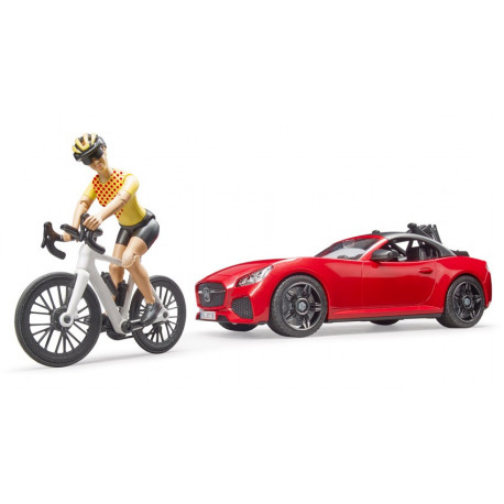 Voiture Roadster avec vélo de route et cycliste - Bruder