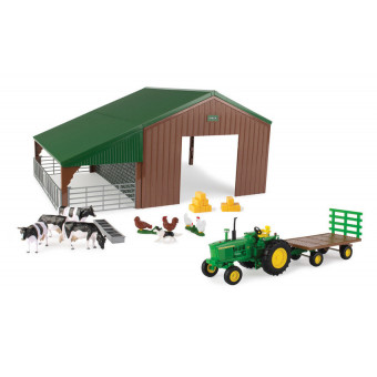 Hangar de ferme avec tracteur John Deere et animaux - Britains