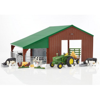 Hangar de ferme avec tracteur John Deere et animaux - Britains