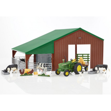 Hangar de ferme avec tracteur John Deere et animaux - Britains